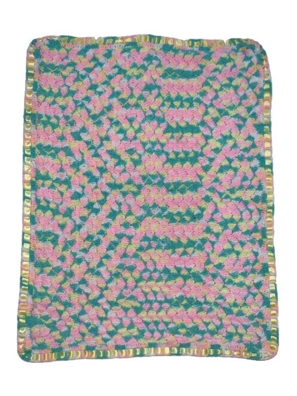 Vintage 1980s Handmade Crochet Afgan Baby Blanket Yellow Pink & Teal